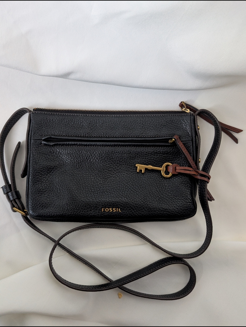Fossil Gemma Black Pebbled Leather Two-Tone Crossbody Bag Purse